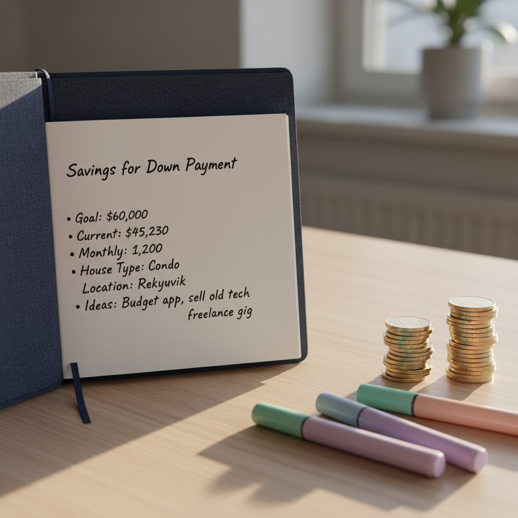 Image of open notebook with savings goals and budgeting tools.