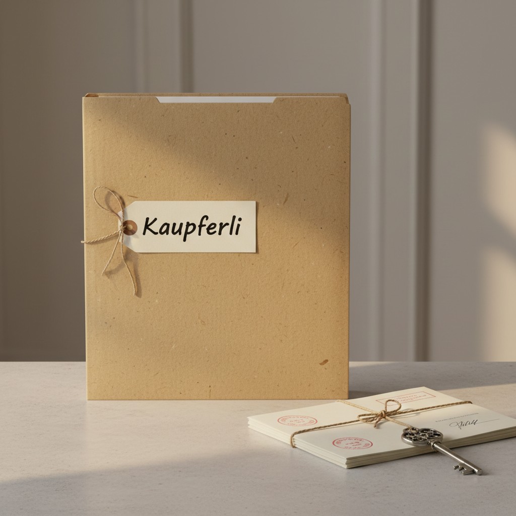 Folder 'Kaupferli' with a tag and key on a counter.