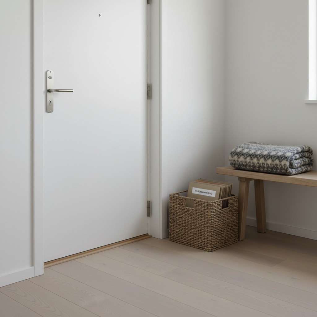 A doorway with a bench and basket against a white wall. Against the wall leaning on the bench appears to be a blanket or t...